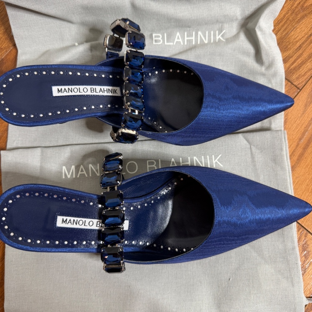Manolo Blahnik Navy Blue Jeweled Slingback Pumps - Picture 4 of 8